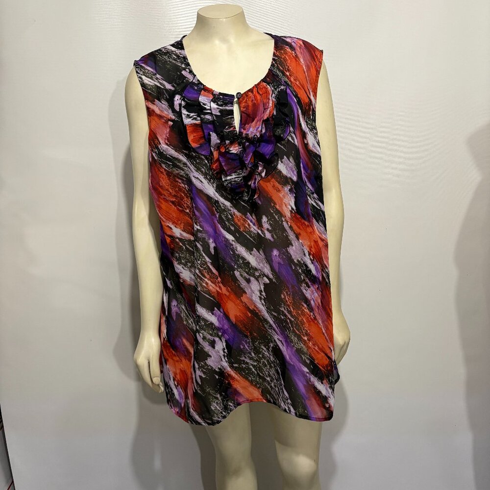 Lane Bryant 26 Red Purple Black Sheer Chiffon Sleeveless Tunic Top Pullover